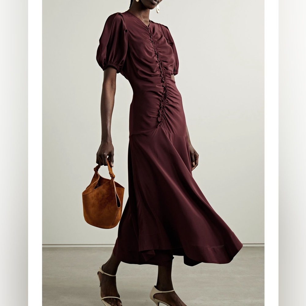 ULLA JOHNSON Heleen burgundy ruched silk-satin midi dress size 4